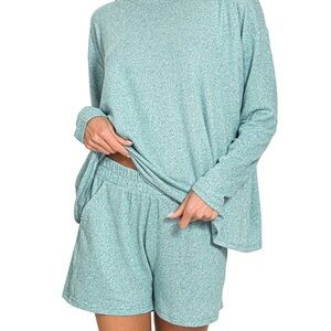 Zenana Outfitters Light Aqua Relaxed Knit Top & Shorts Set